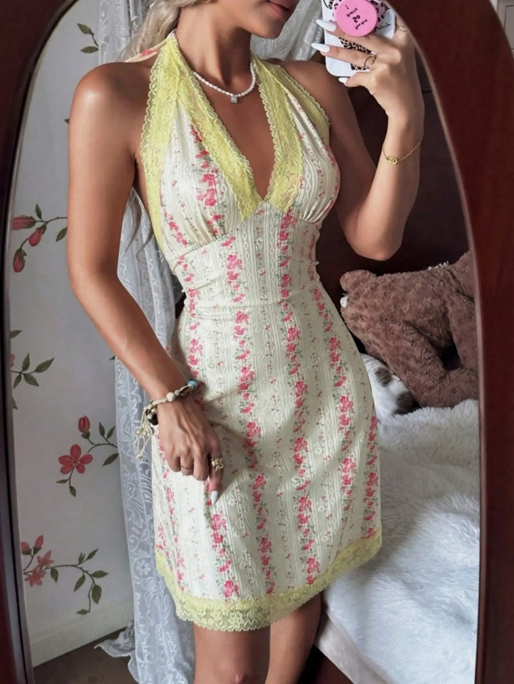 Floral Printed Lace Trim Sleeveless Nightdress