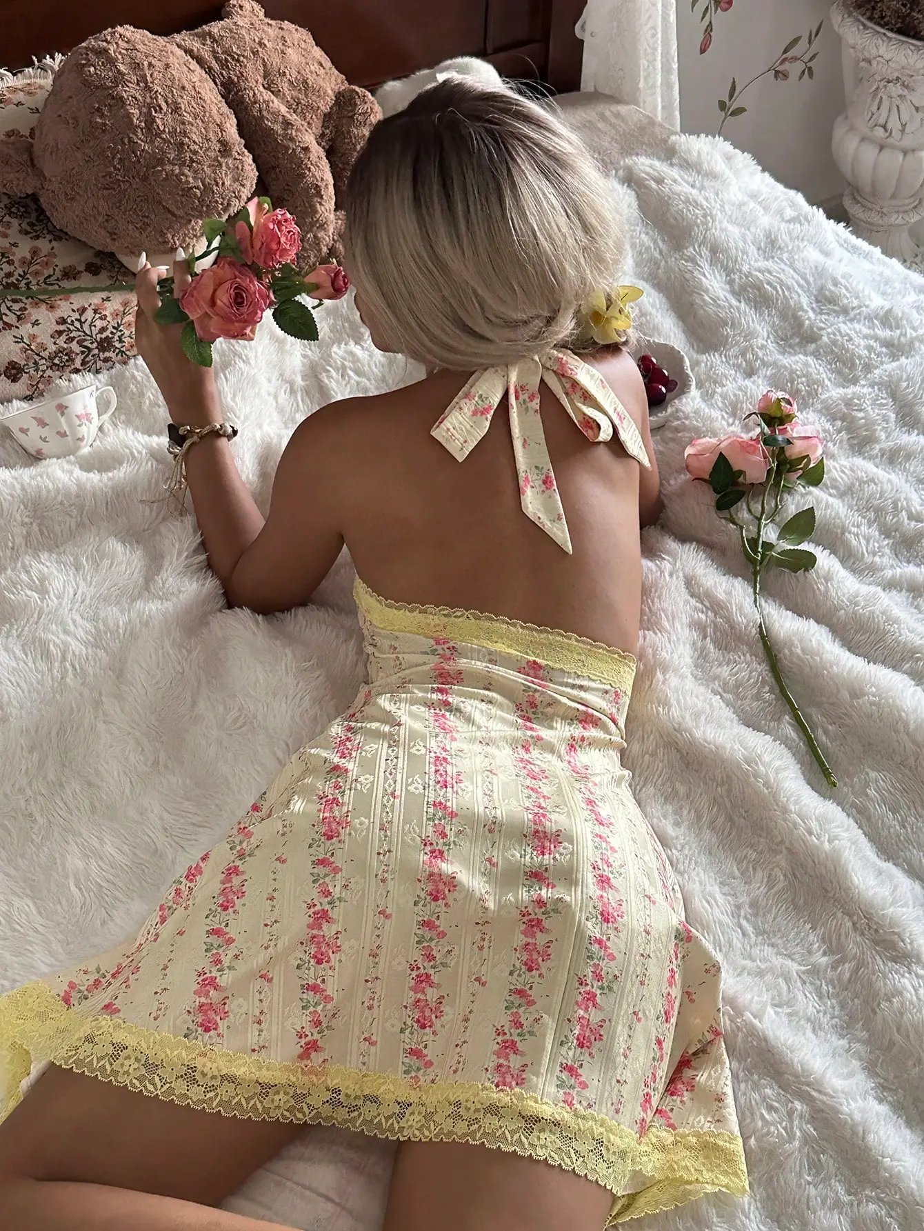 Floral Printed Lace Trim Sleeveless Nightdress