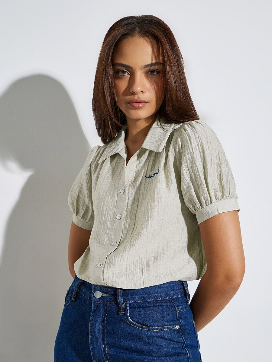 Green Textured Puff Sleeve Shirt