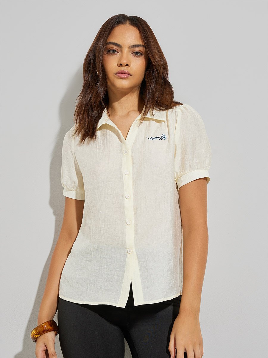 Cream Textured Short Sleeve Shirt