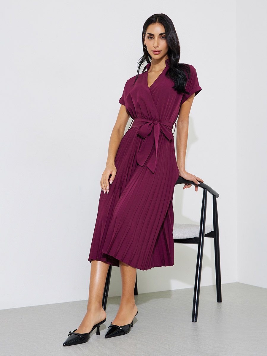Burgundy Solid Pleated Tie-Up Details Wrap Midi Dress