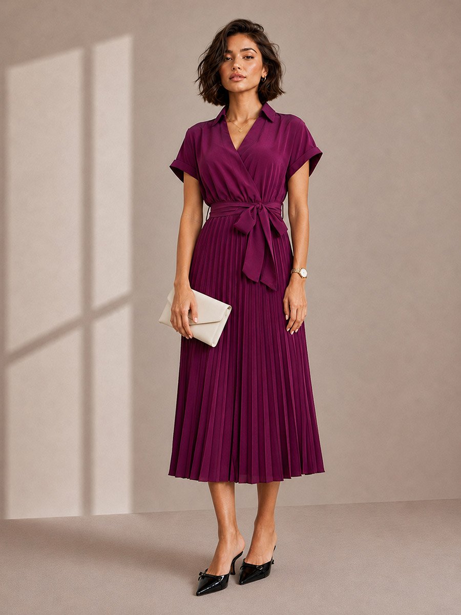 Burgundy Solid Pleated Tie-Up Details Wrap Midi Dress