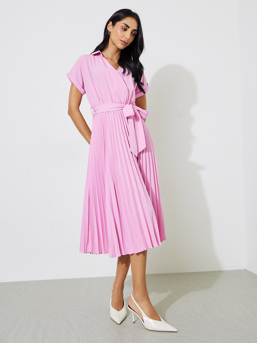 Pink Solid Pleated Tie-Up Details Wrap Midi Dress