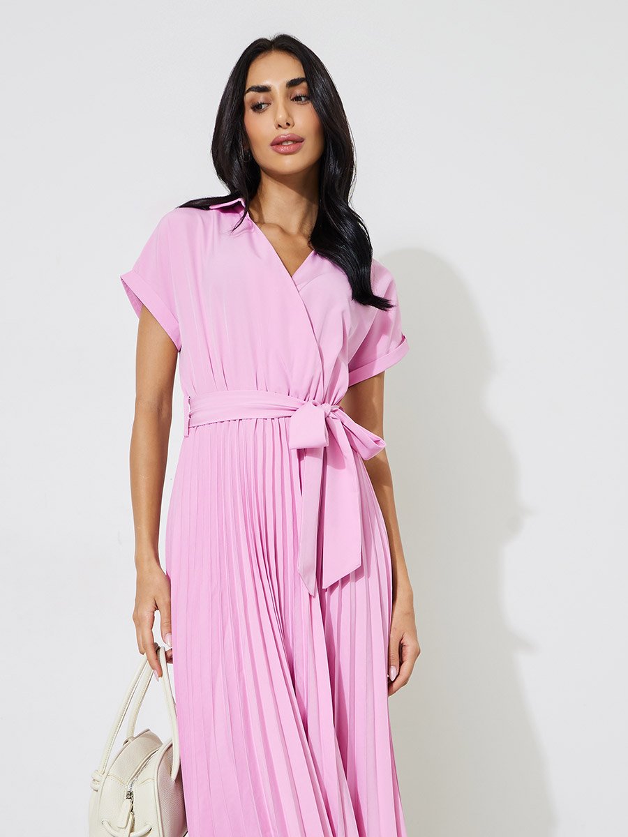 Pink Solid Pleated Tie-Up Details Wrap Midi Dress