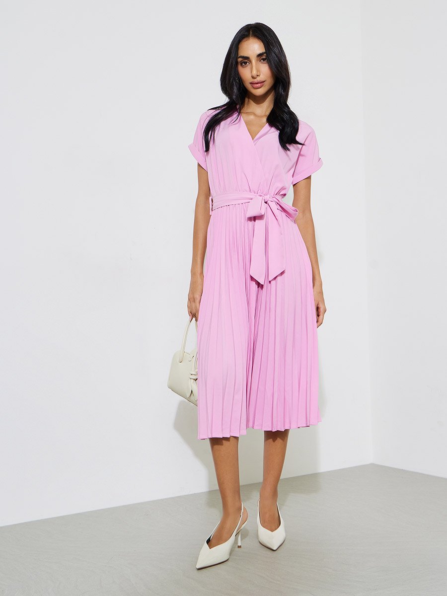 Pink Solid Pleated Tie-Up Details Wrap Midi Dress