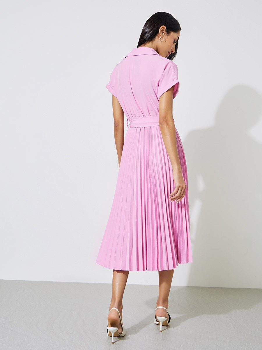 Pink Solid Pleated Tie-Up Details Wrap Midi Dress