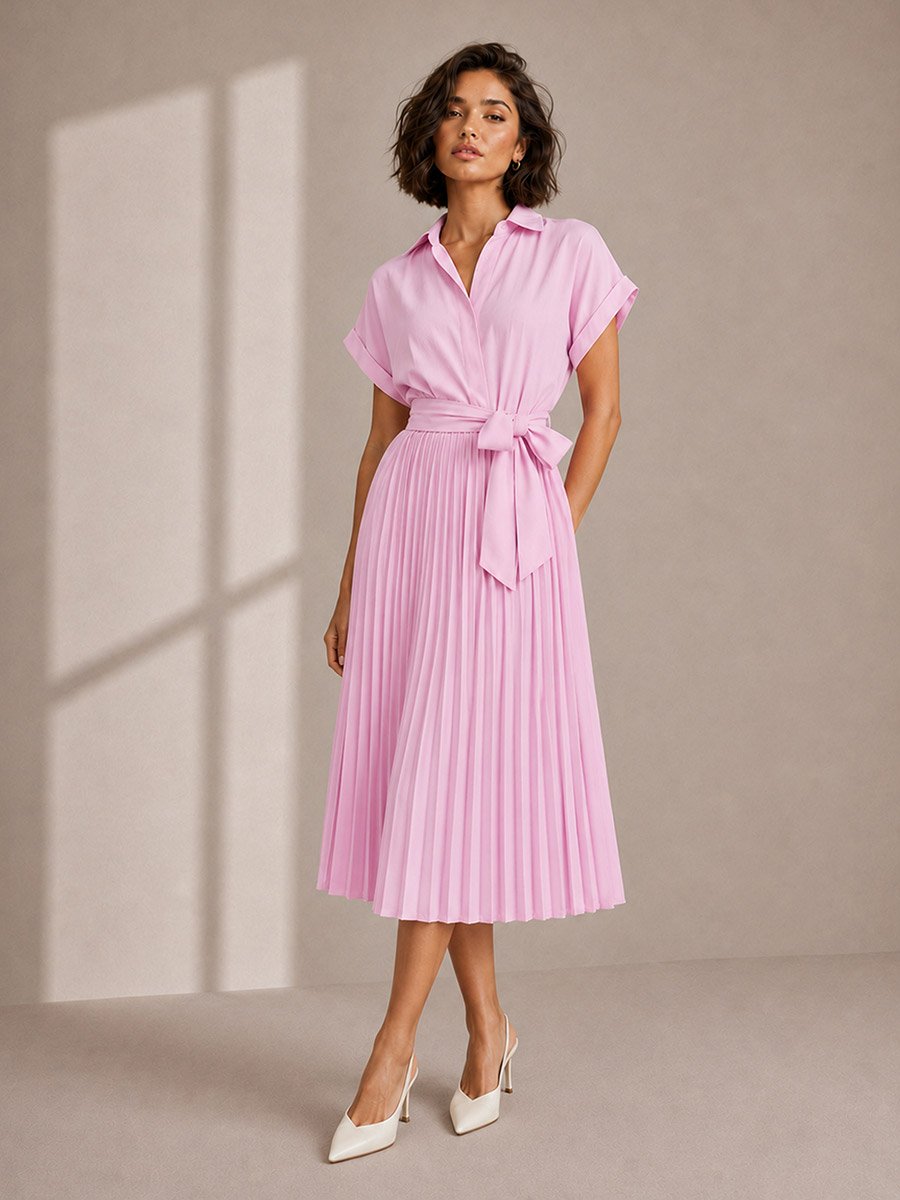 Pink Solid Pleated Tie-Up Details Wrap Midi Dress