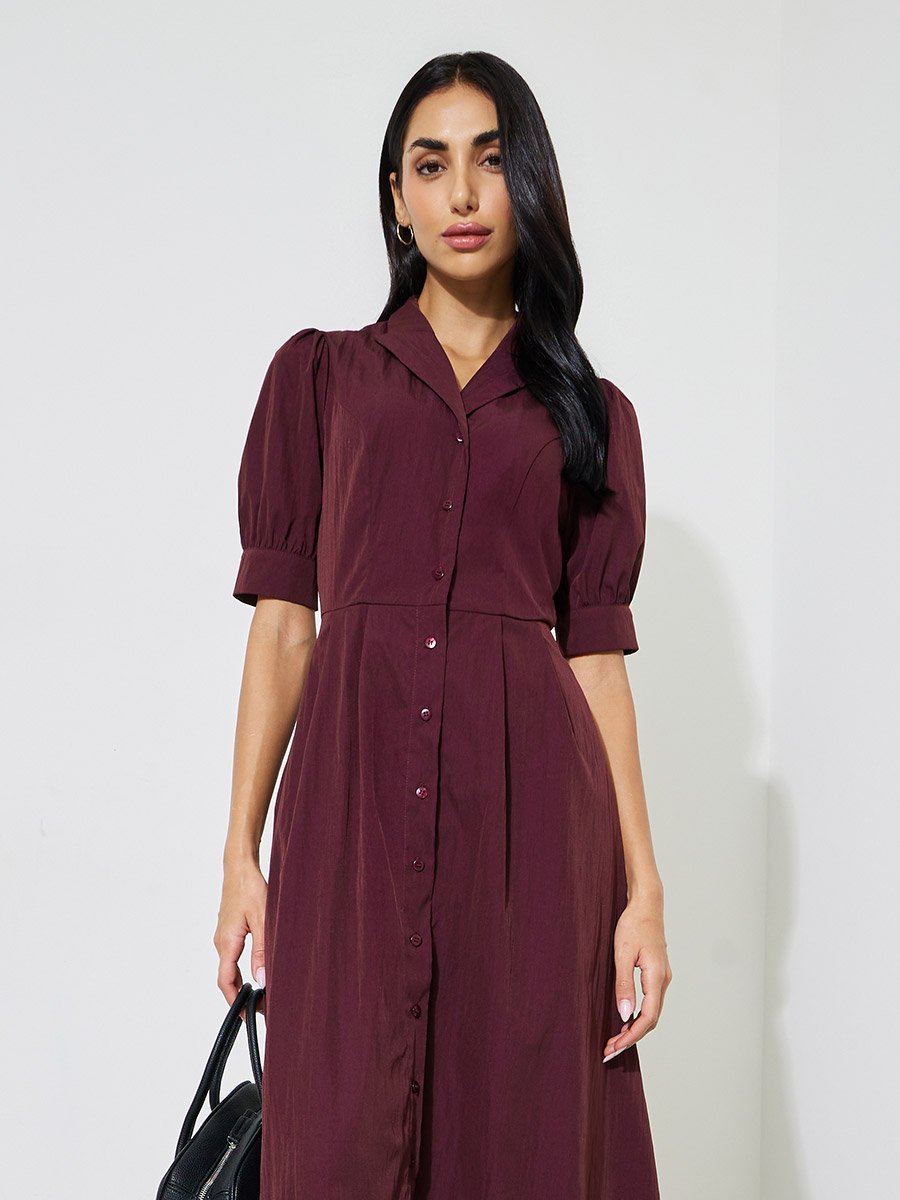Burgundy Lapel Collar Short Puff Sleeves Shirt Maxi Dress