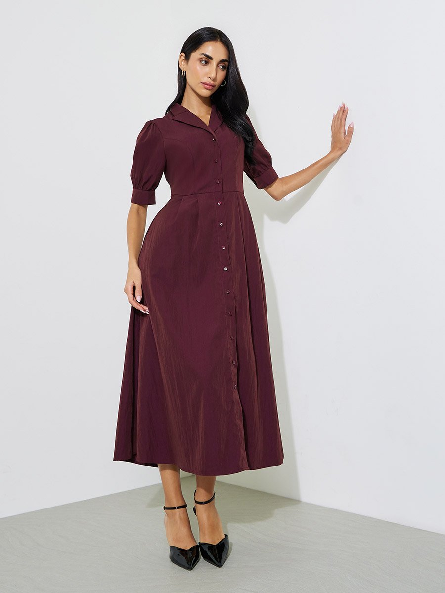 Burgundy Lapel Collar Short Puff Sleeves Shirt Maxi Dress