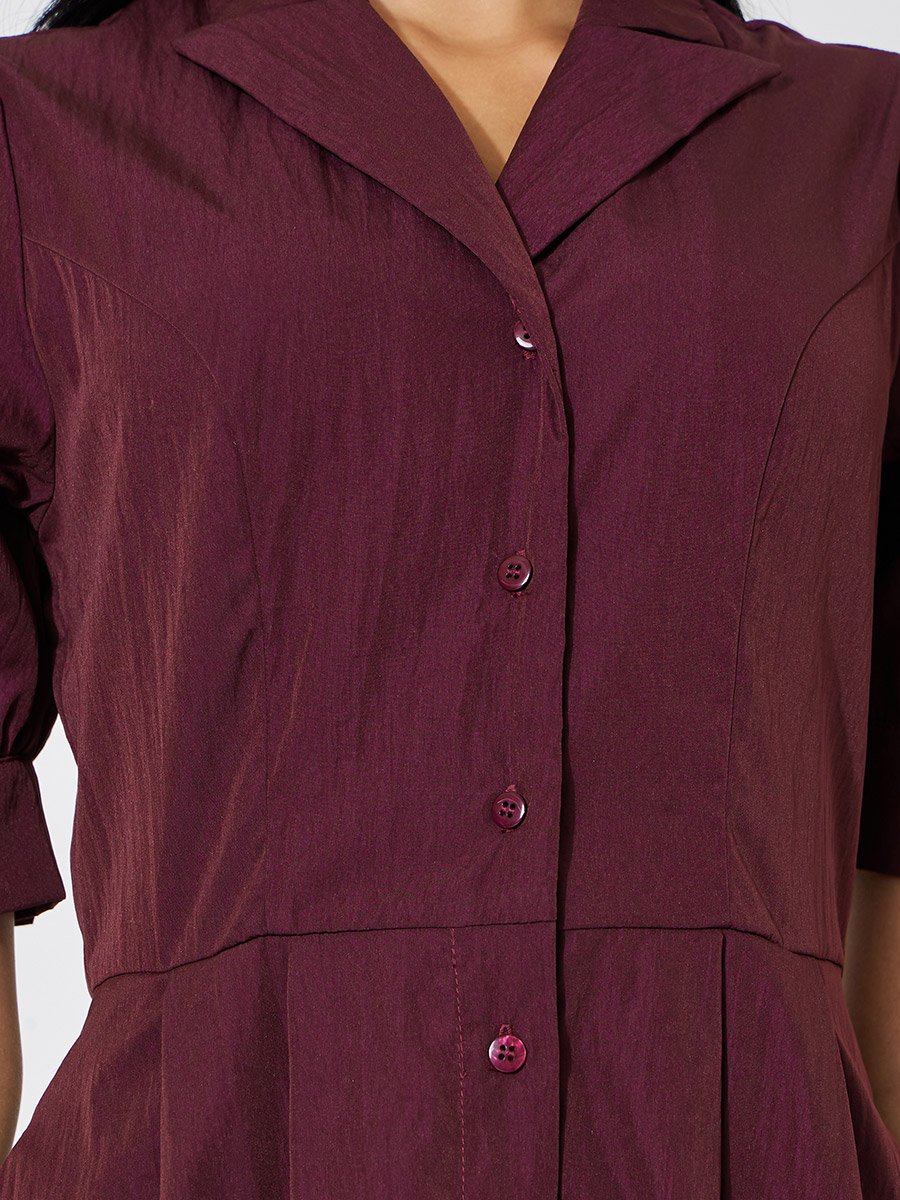 Burgundy Lapel Collar Short Puff Sleeves Shirt Maxi Dress