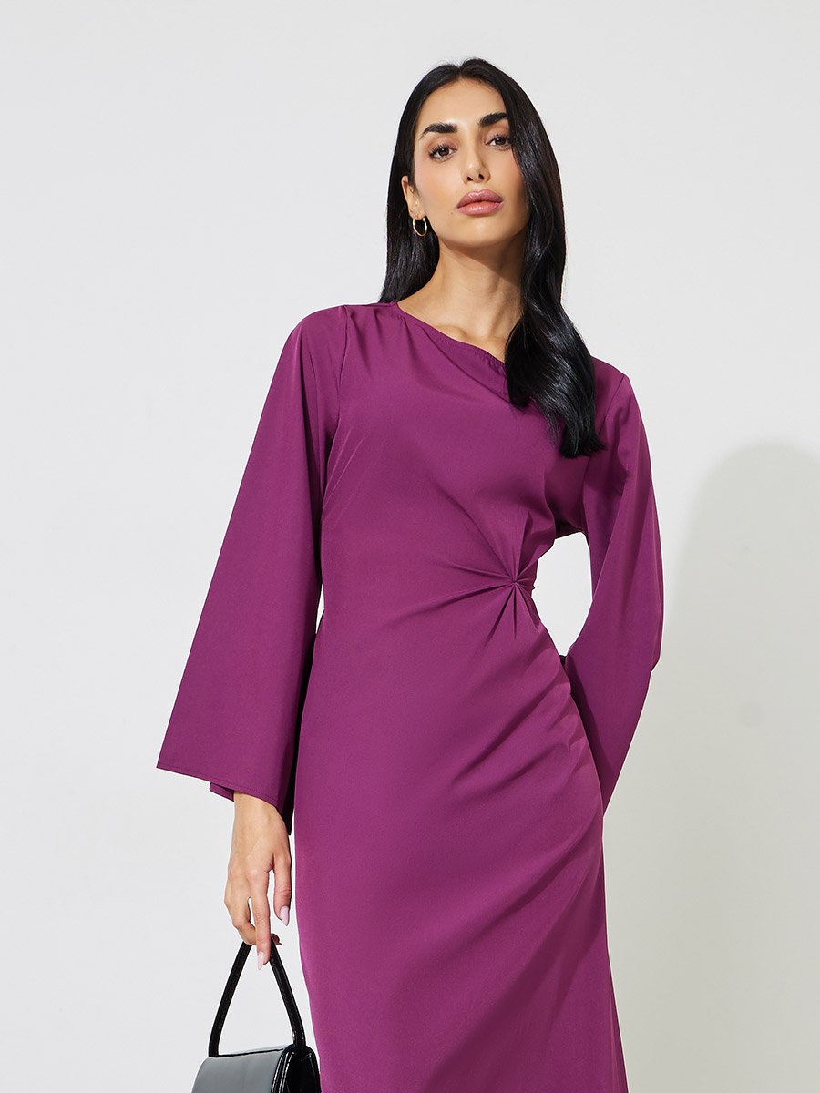 Magenta Solid Gathered Detail A-Line Maxi Dress