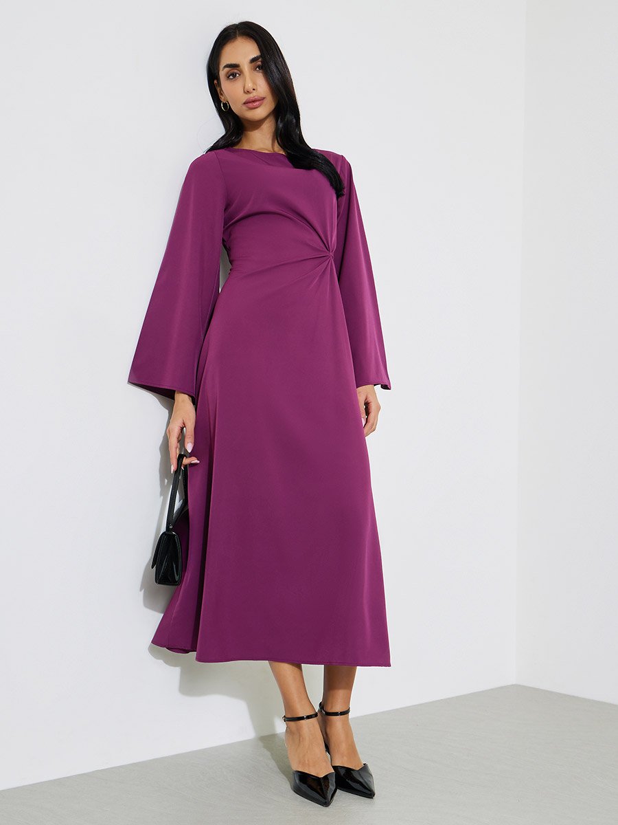 Magenta Solid Gathered Detail A-Line Maxi Dress