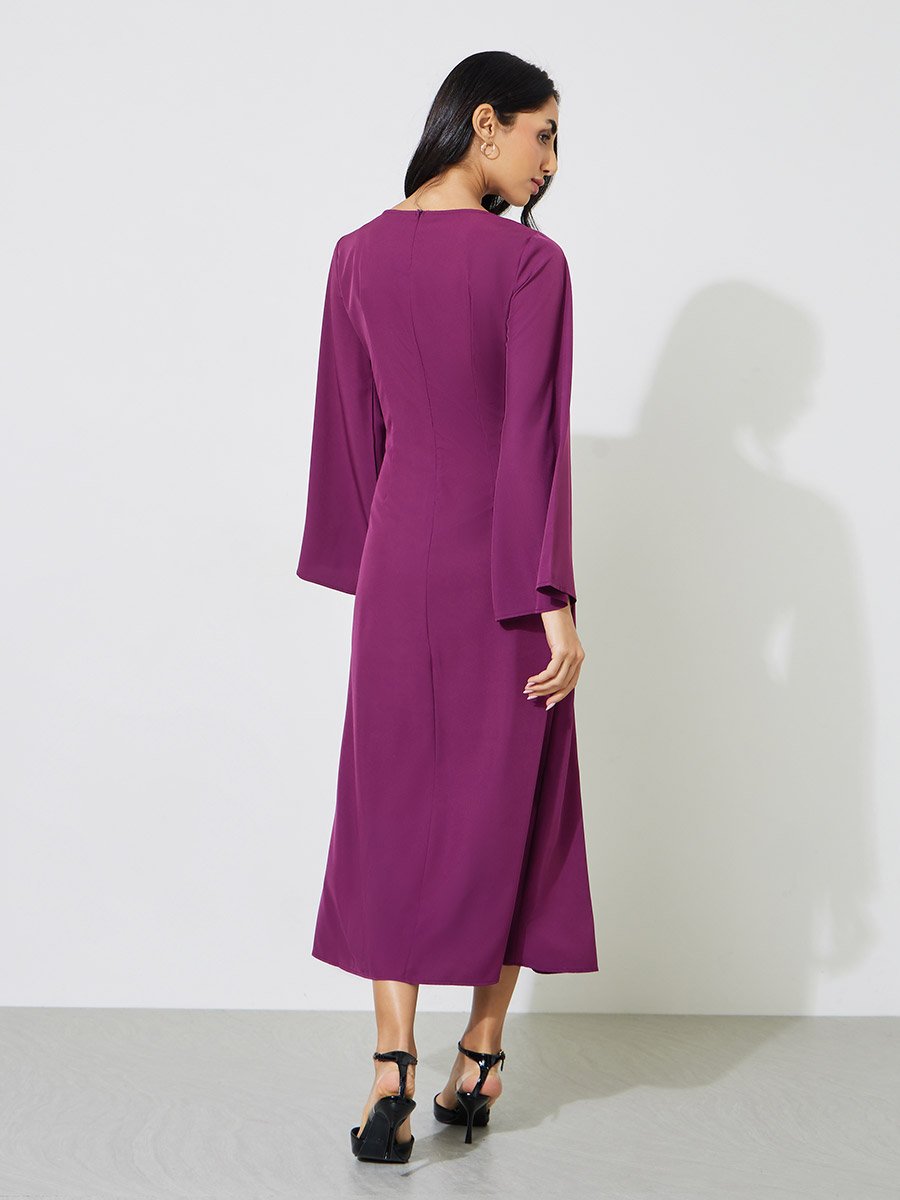 Magenta Solid Gathered Detail A-Line Maxi Dress