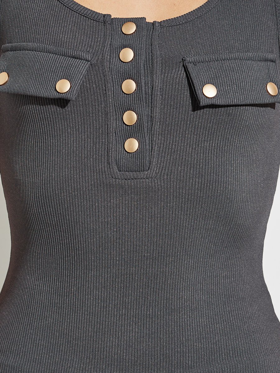 Grey Ribbed Tank Top with Button Detail