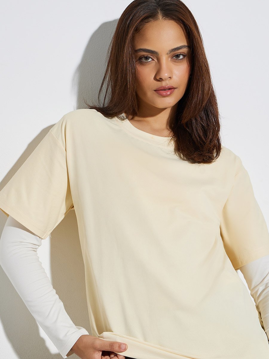 Beige Round Neck Oversized T-Shirt