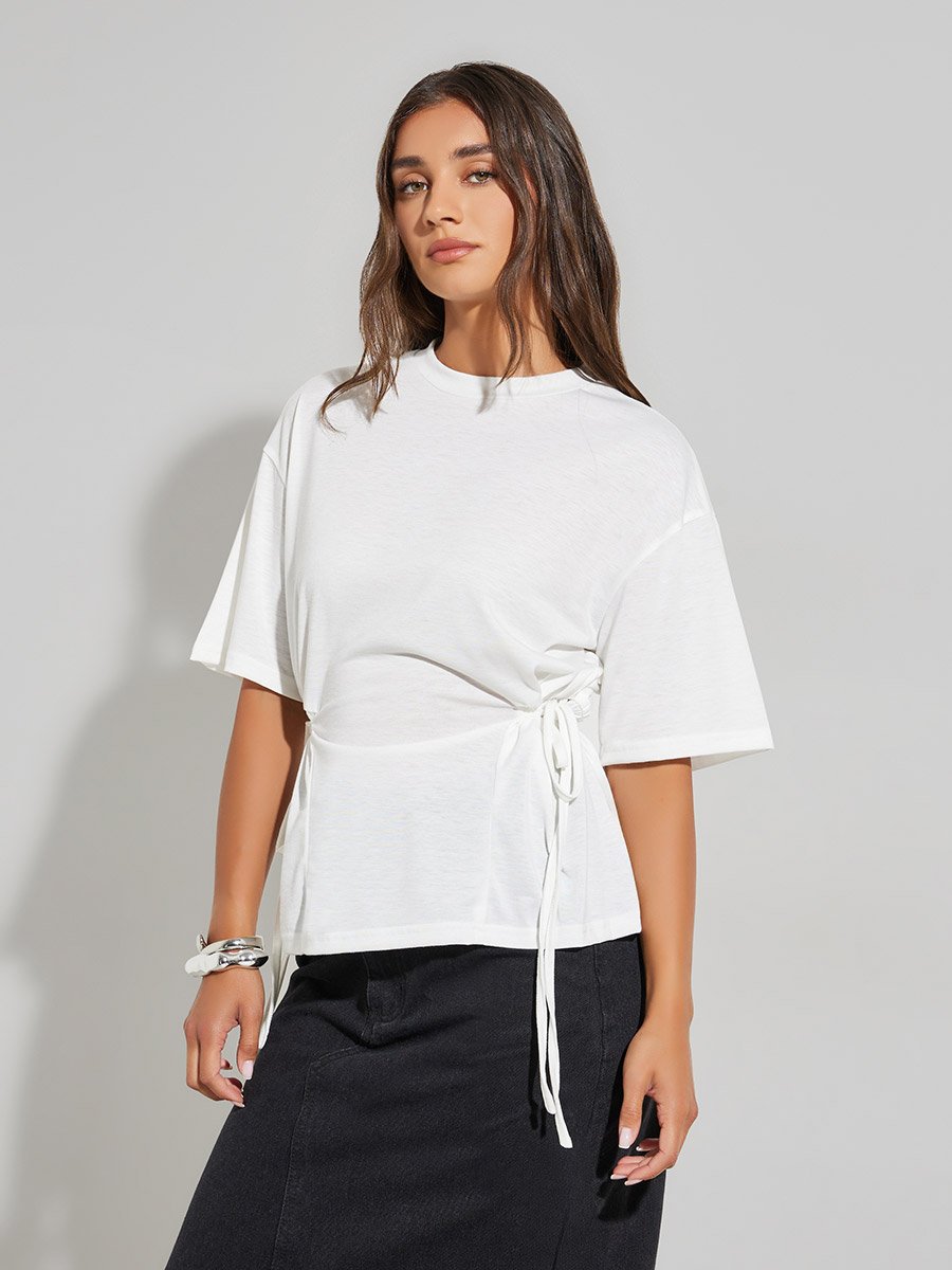 White Tie-Side Detail T-Shirt