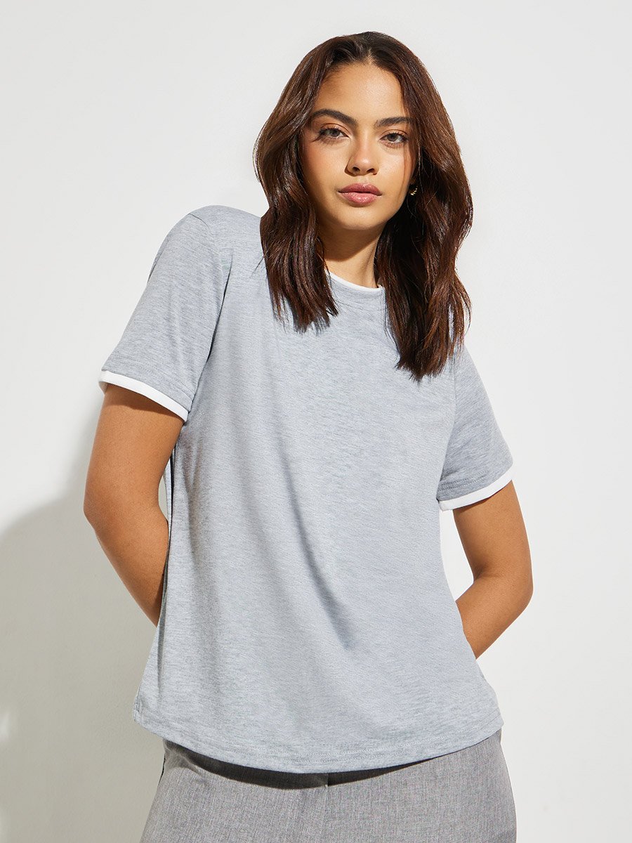Grey Round Neck Spliced Hem T-Shirt