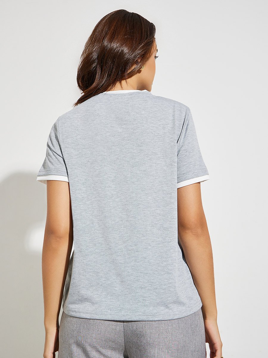 Grey Round Neck Spliced Hem T-Shirt
