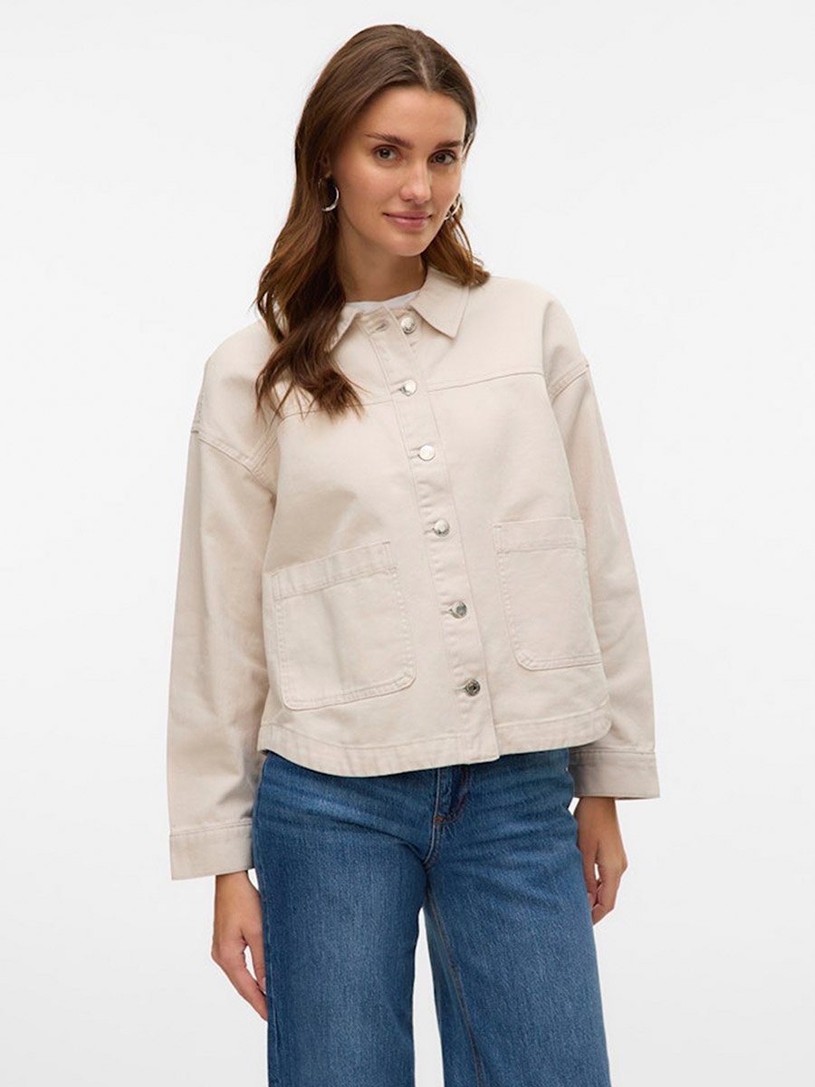 Beige Jamie Solid Long Sleeves Denim Shacket