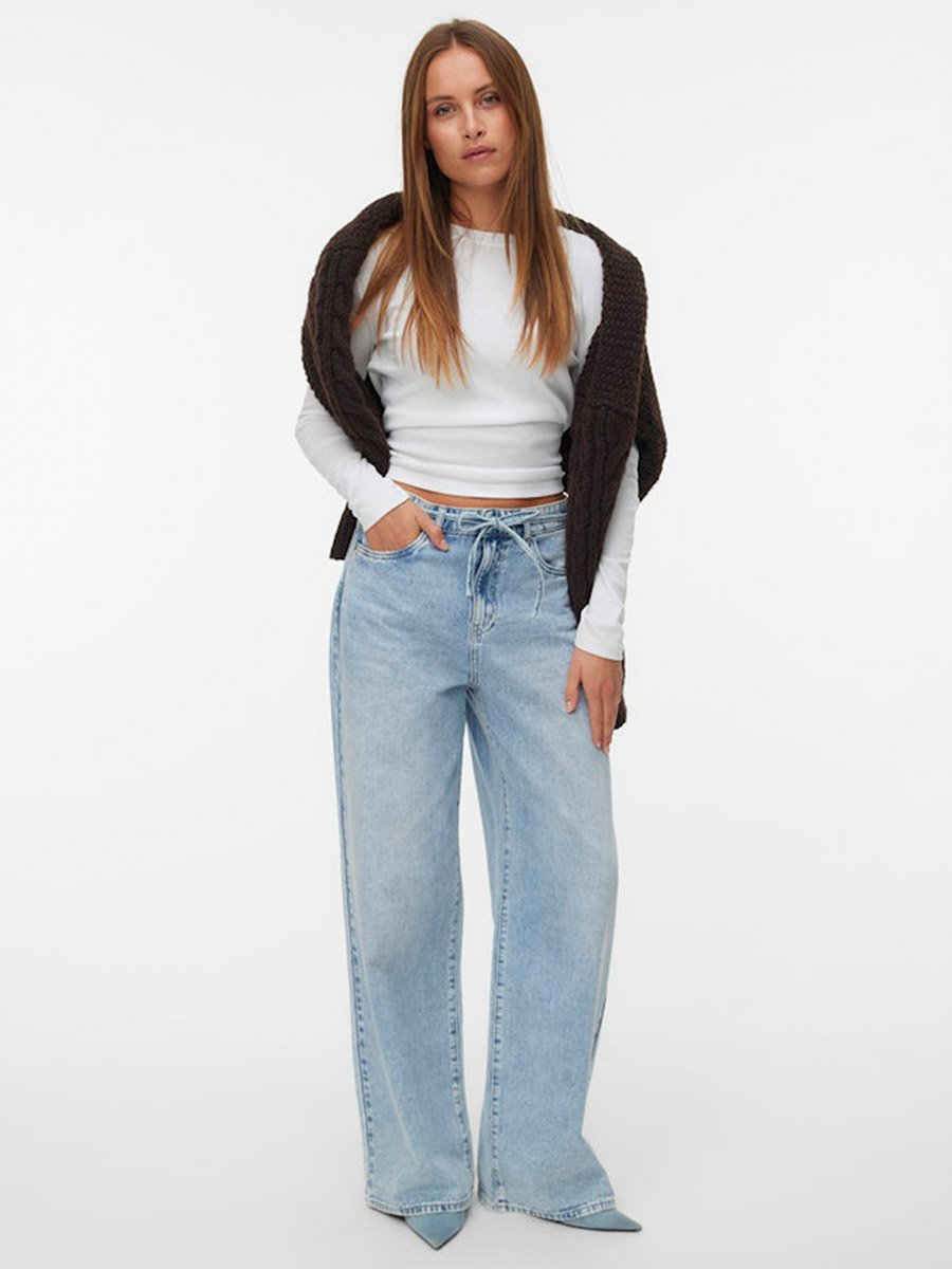 Blue Wien Mid Rise Wide Leg Jeans with Tie Belt