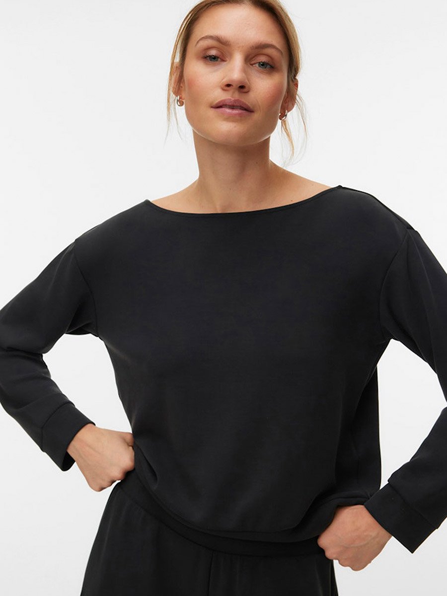 Black Julia Solid Long Sleeves Boatneck Top