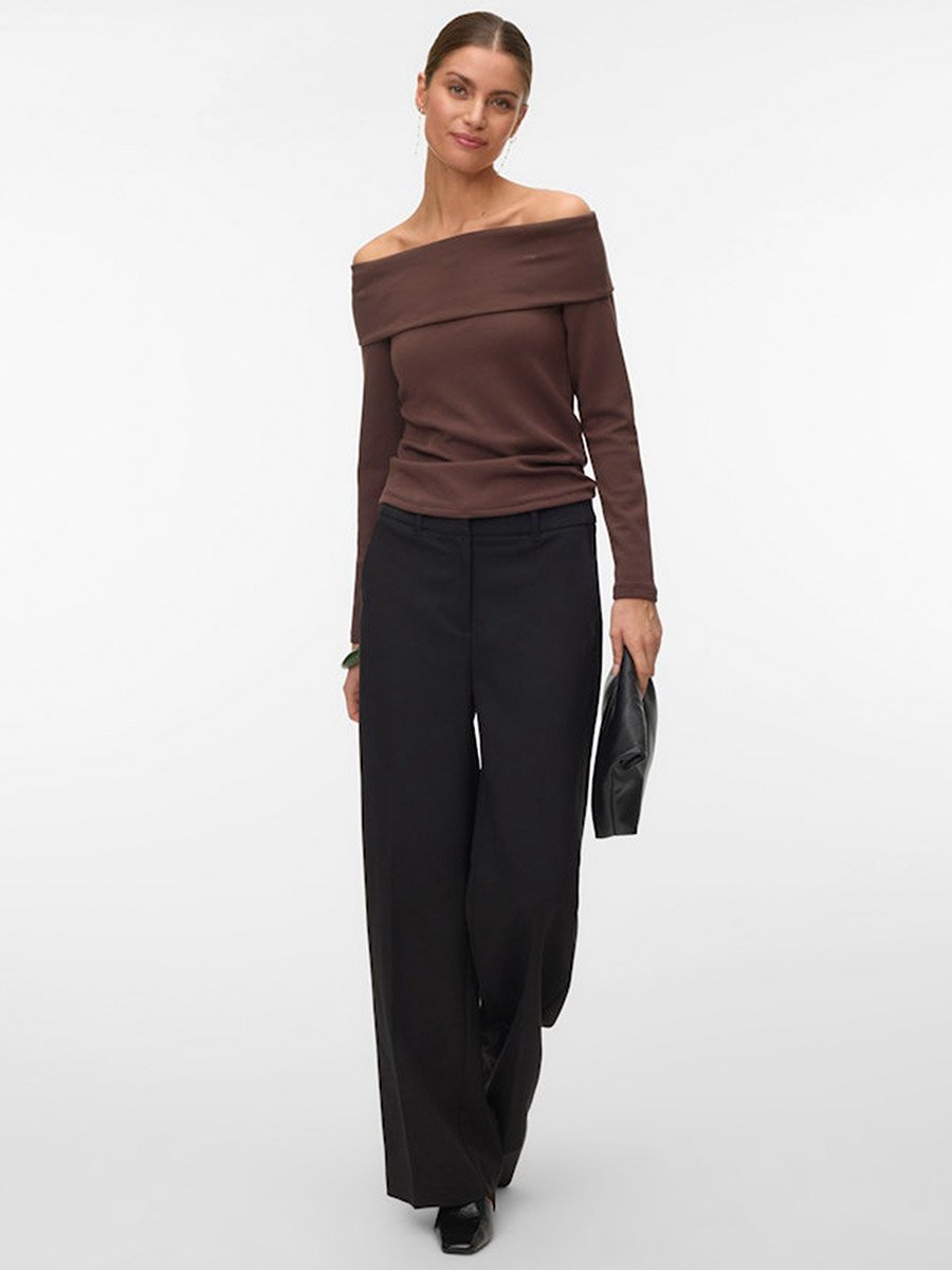 Brown Mille Solid Long Sleeves Off Shoulder Top