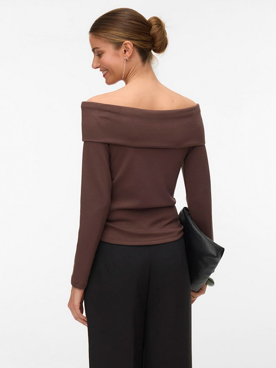 Brown Mille Solid Long Sleeves Off Shoulder Top
