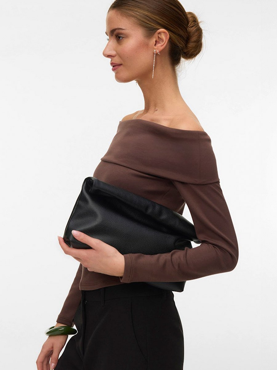 Brown Mille Solid Long Sleeves Off Shoulder Top