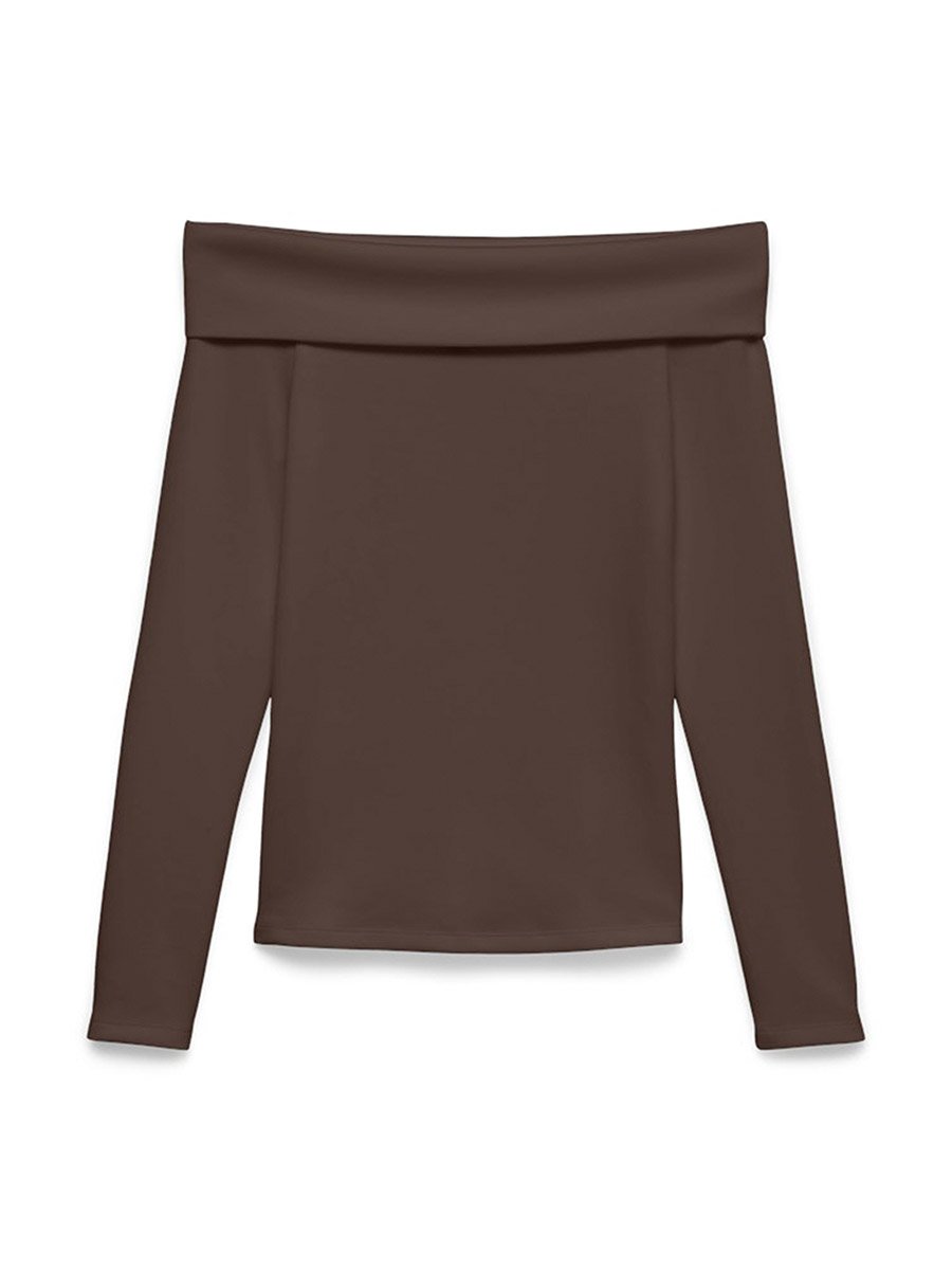 Brown Mille Solid Long Sleeves Off Shoulder Top