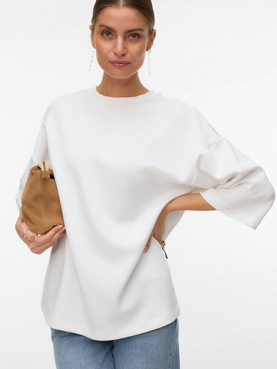 White Mille Solid Oversized Longline Top with Side Slits