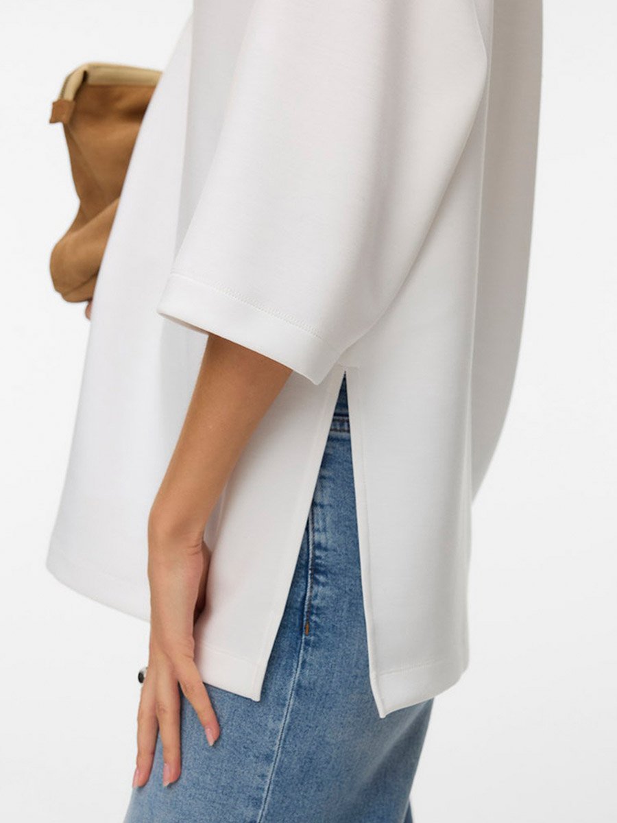 White Mille Solid Oversized Longline Top with Side Slits