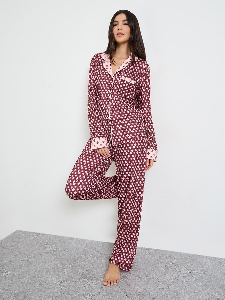 Burgundy Geo Contrast Print Shirt and Pyjama Set