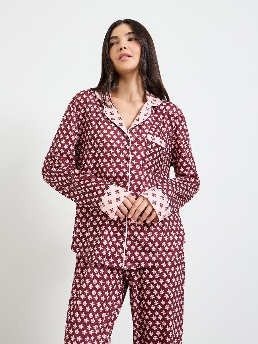 Burgundy Geo Contrast Print Shirt and Pyjama Set