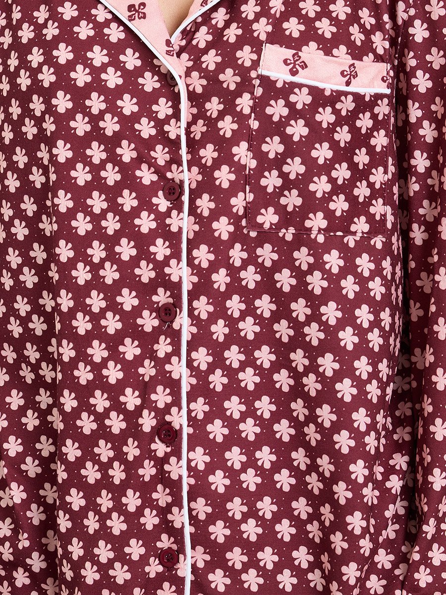 Burgundy Geo Contrast Print Shirt and Pyjama Set