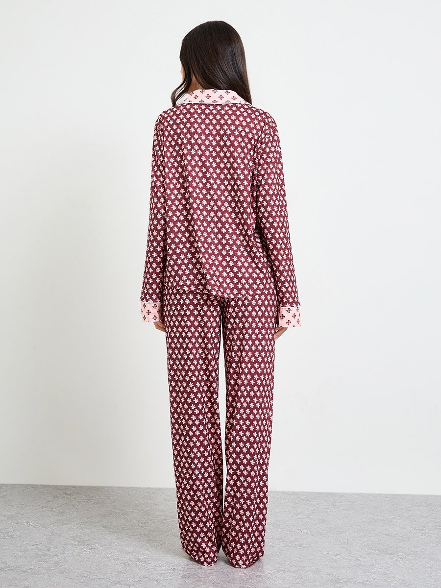 Burgundy Geo Contrast Print Shirt and Pyjama Set