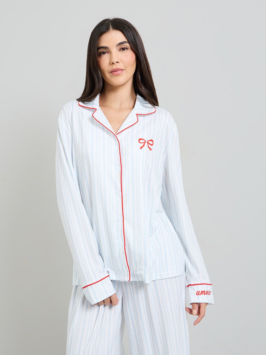 Blue Striped Bow Print Piped Long Sleeves Shirt and Pyjama Set