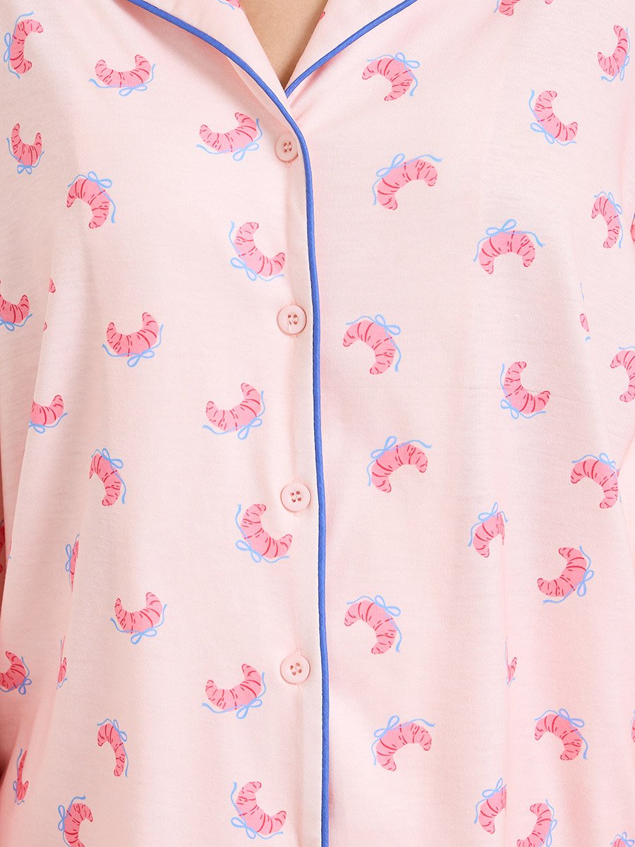 Pink Croissant Bow Piped Long Sleeve Shirt and Pyjama Set