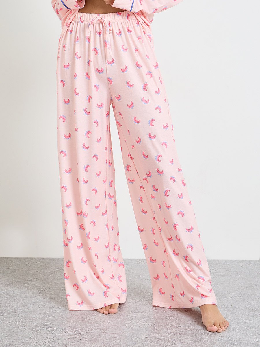 Pink Croissant Bow Piped Long Sleeve Shirt and Pyjama Set