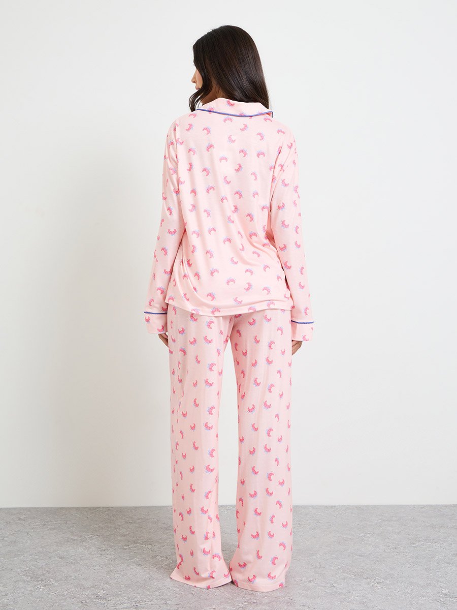 Pink Croissant Bow Piped Long Sleeve Shirt and Pyjama Set