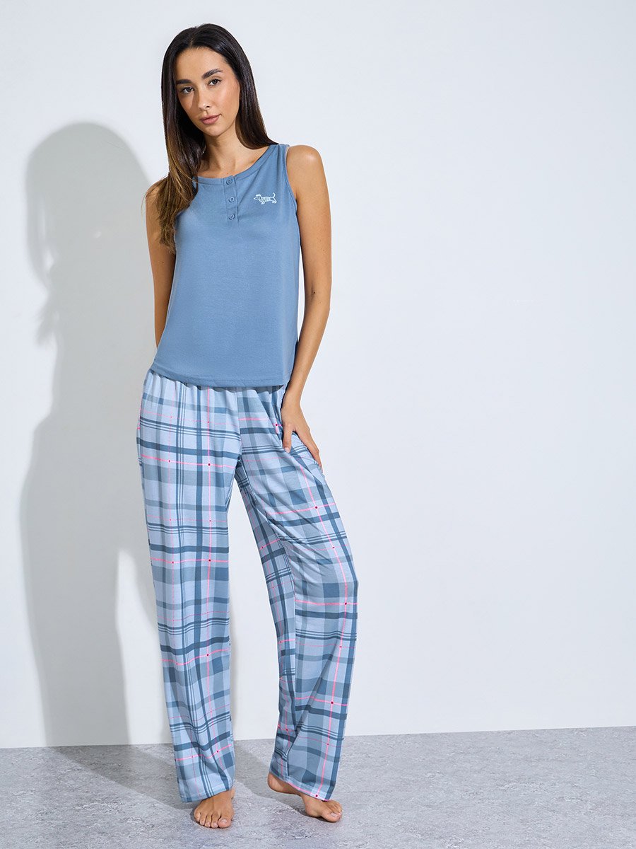 Blue Placket Tank and Checked Pyjama Set
