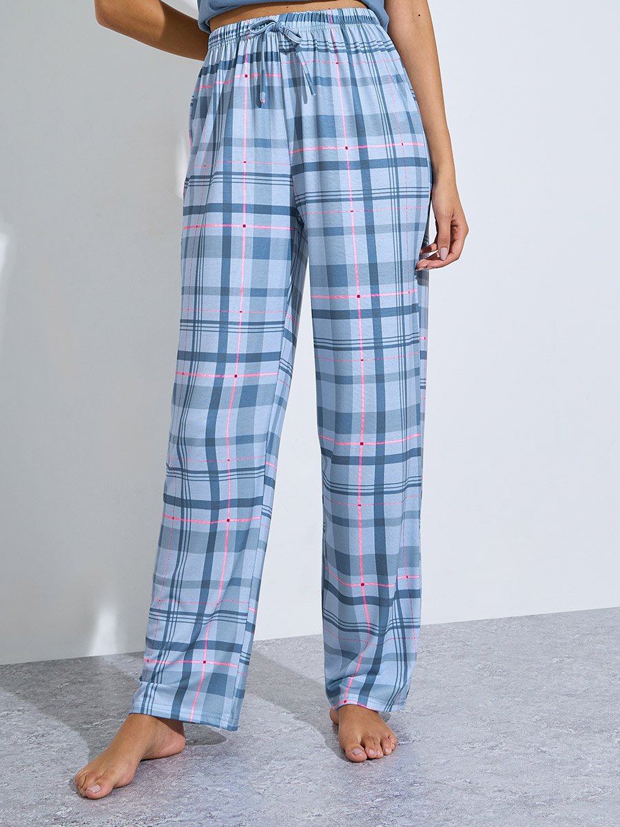 Blue Placket Tank and Checked Pyjama Set