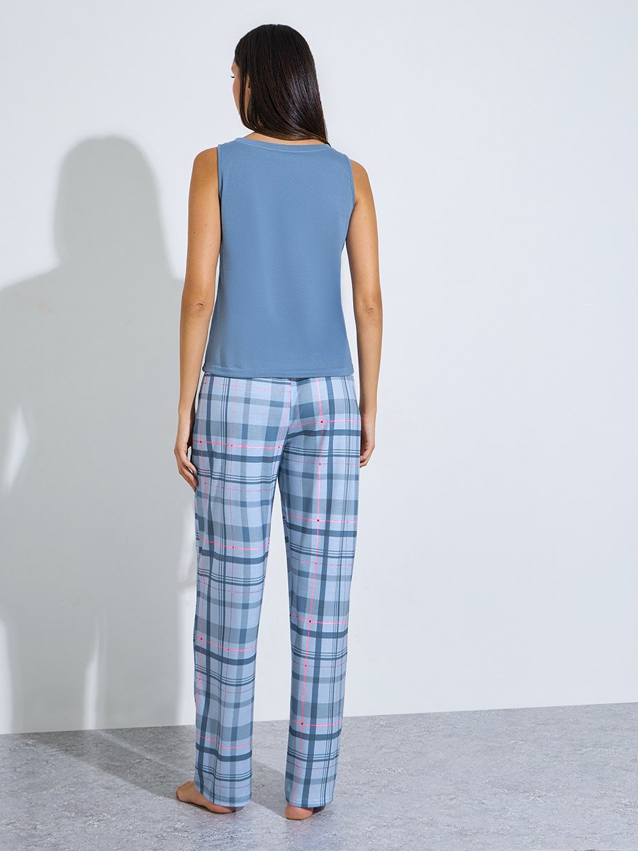 Blue Placket Tank and Checked Pyjama Set