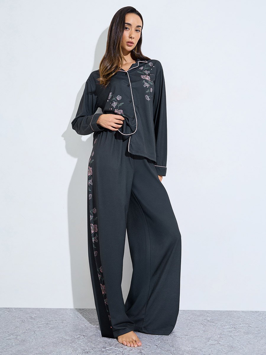 Black Floral Embroidered Long Sleeves Shirt and Wide Leg Pants Pyjama Set
