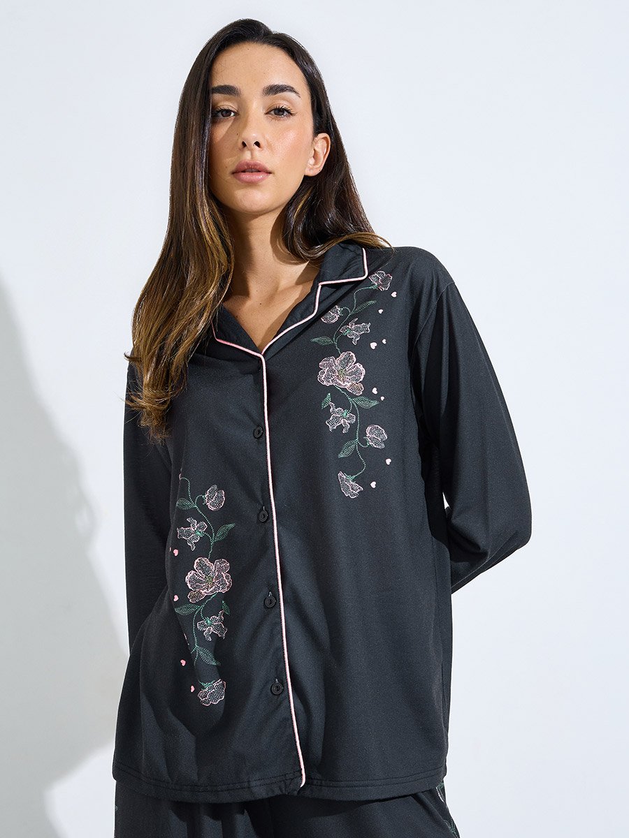 Black Floral Embroidered Long Sleeves Shirt and Wide Leg Pants Pyjama Set