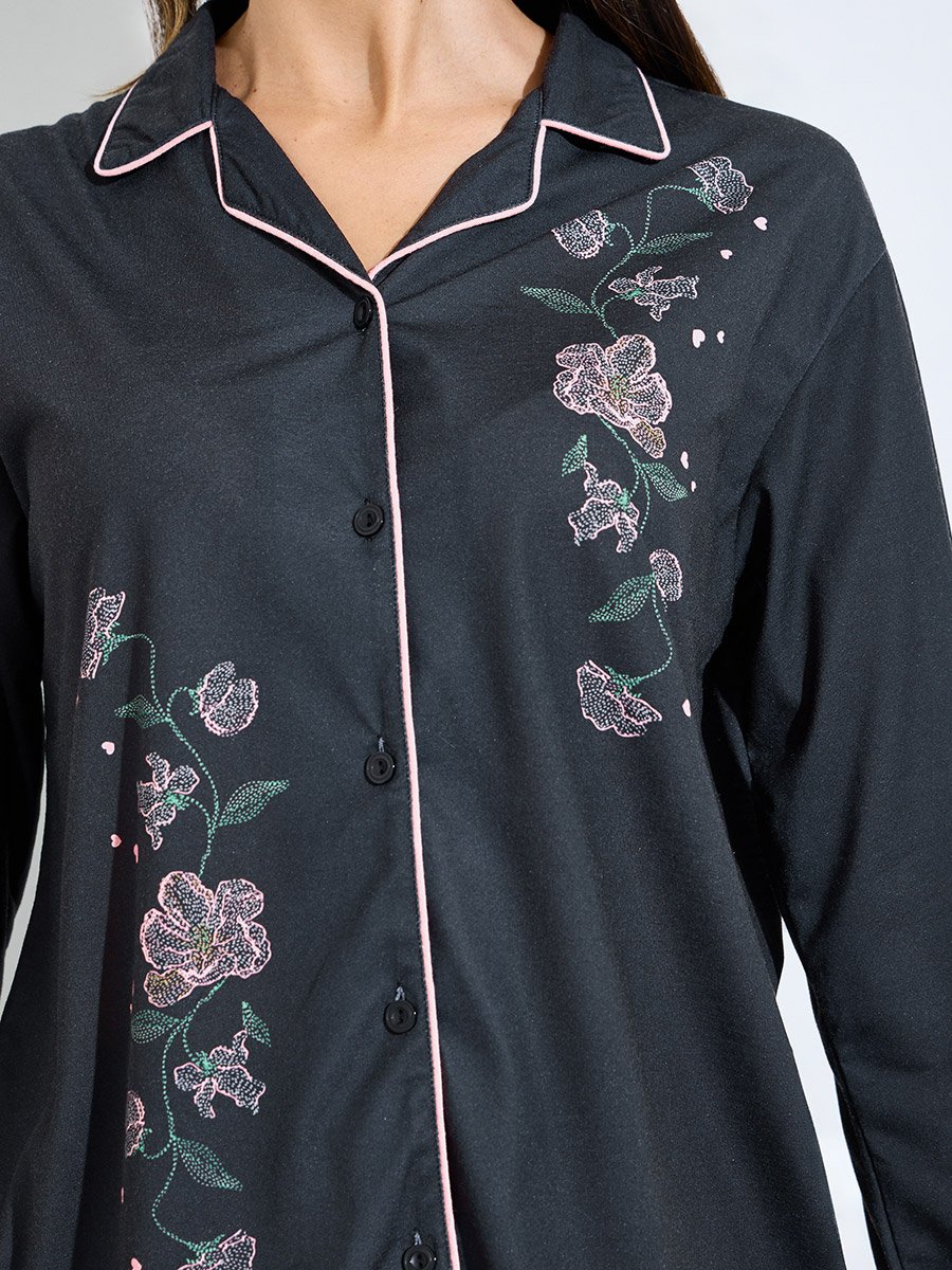 Black Floral Embroidered Long Sleeves Shirt and Wide Leg Pants Pyjama Set
