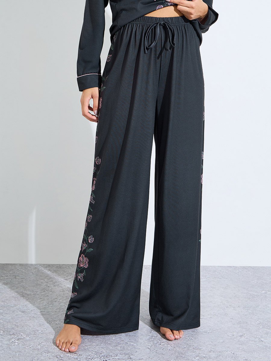 Black Floral Embroidered Long Sleeves Shirt and Wide Leg Pants Pyjama Set