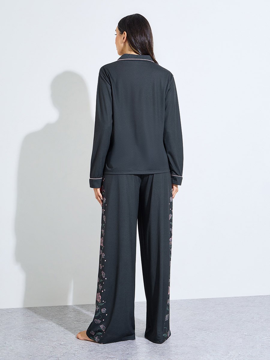 Black Floral Embroidered Long Sleeves Shirt and Wide Leg Pants Pyjama Set