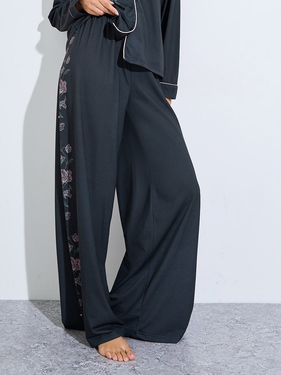 Black Floral Embroidered Long Sleeves Shirt and Wide Leg Pants Pyjama Set