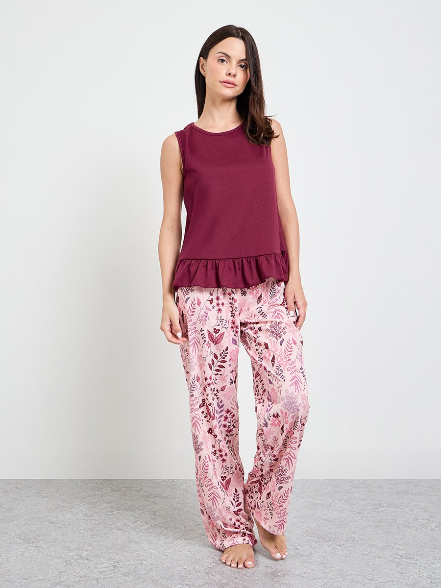Ruffle Hem Tank and All Over Floral Pyjama Set