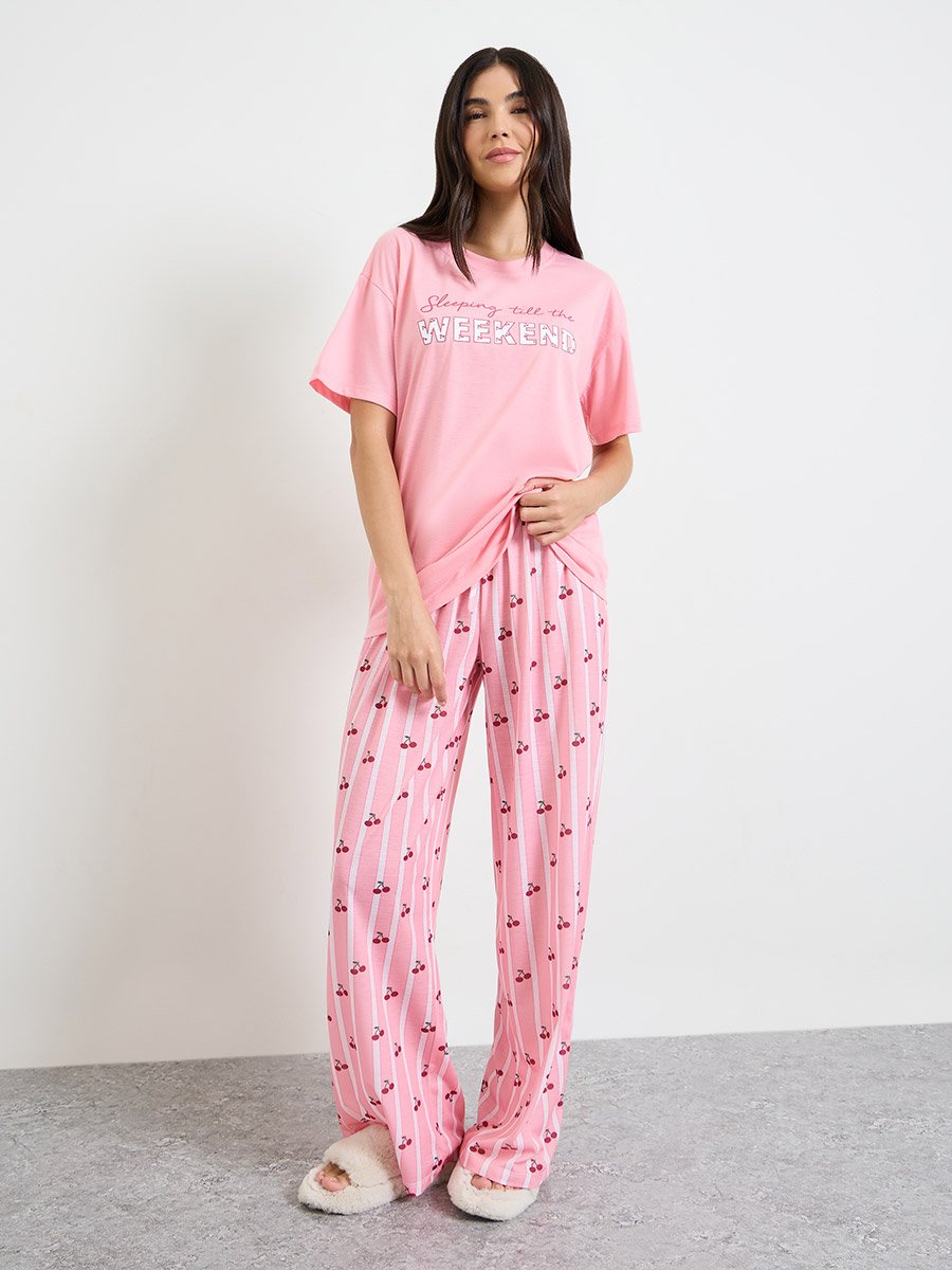 Pink Weekend Graphic Drop Shoulder T-Shirt and Pyjama Set